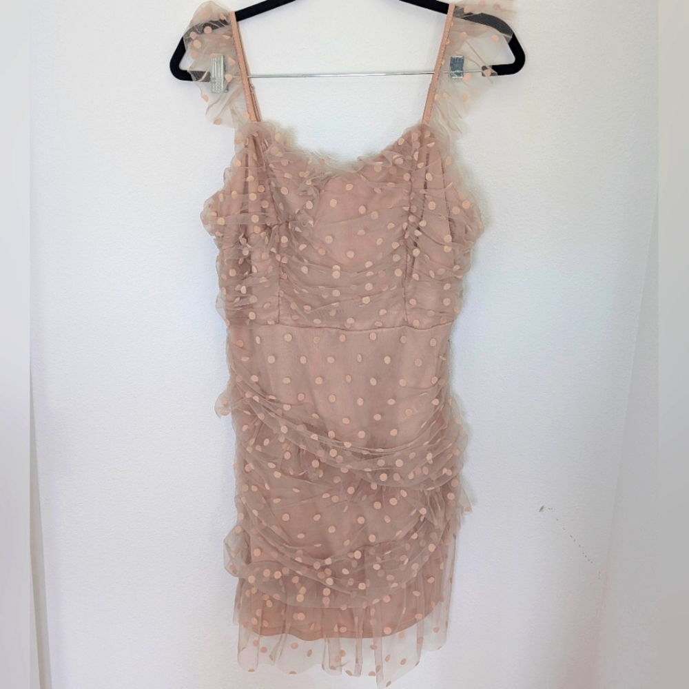Sweet Lemon Polka Dot Ruched Ruffled Party Mini Dress Blush Pink Size L Wedding